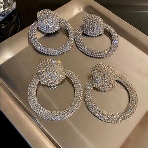 Rhinestone Pave Hexagon Open Circle Evening Statement Earrings